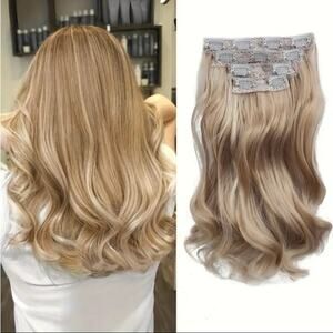 14” 4 piece synthetic wavy clip in extensions - blonde with highlights